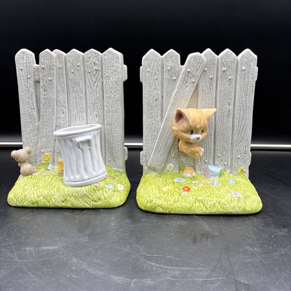 VTG Feline Feelings Collectibles 1986 Orange Cat & Mouse Pr. Ceramic Bookends